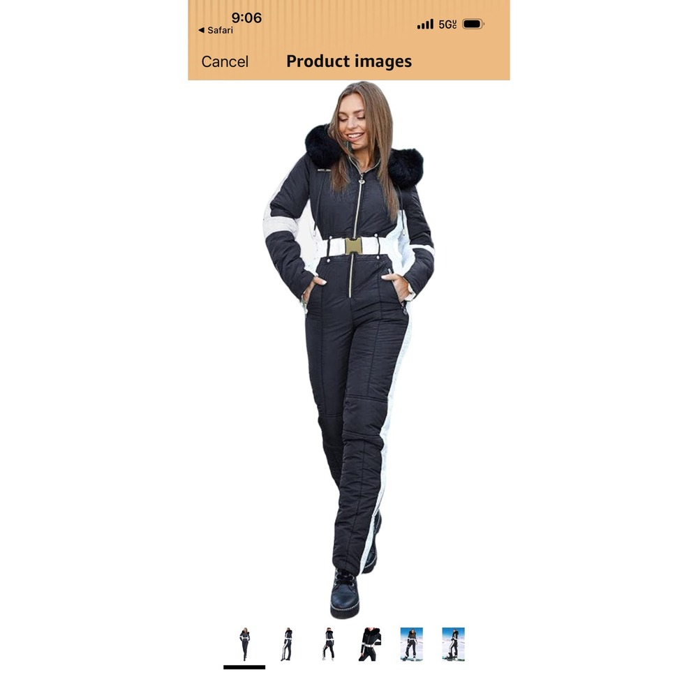 Yousify Ski Suit XL Black White Faux Fur Hood Belted One Piece Jumpsuit new